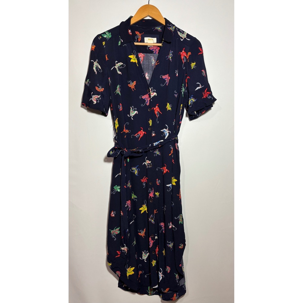 Maeve Anthropologie Navy Butterfly Print Midi Shirt‎ Dress Belted Women's Small